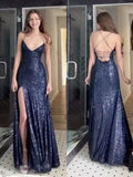 Sexy A line Halter Sleeveless Navy Blue Slit Long Evening Party Gowns Evening Special Formal Dresses Prom Dress HZ1121