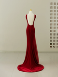 Niulatu Mermaid Scoop Neck Velvet Burgundy Long Prom Dresses Party Dress 20th Birthday Outfits Graduation Dresses HZ1214