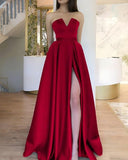 Simple A line Strapless Sleeveless Red Slit Long Evening Party Gowns Evening Special Formal Dresses Prom Dress HZ1121