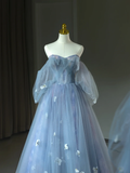 Niulatu Ball Gown Off The Shoulder Blue Tulle Long Floral Quinceanera Dress Formal Gowns Sweet 17 Dresses Vestido De 15 Anos Sweet 16 Dress HZ1214