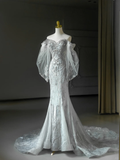 Niulatu Bridal Dress Mermaid Off The Shoulder Lace Tulle Long Sleeves Wedding Dress With Long Sleeves Wedding Dresses Modest Wedding Gowns HZ1214