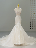 Niulatu Wedding Gown Bridal Dress Mermaid Square Neck Lace Tulle Wedding Dress Long Sleeves Wedding Dresses Modest Wedding Gowns HZ1214