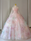 Niulatu Ball Gown Strapless Pink Tulle Long Floral Quinceanera Dress Formal Gowns Sweet 17 Dresses Vestido De 15 Anos Sweet 16 Dress HZ1214
