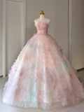 Niulatu Ball Gown Strapless Pink Tulle Long Floral Quinceanera Dress Formal Gowns Sweet 17 Dresses Vestido De 15 Anos Sweet 16 Dress HZ1214