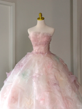 Niulatu Ball Gown Strapless Pink Tulle Long Floral Quinceanera Dress Formal Gowns Sweet 17 Dresses Vestido De 15 Anos Sweet 16 Dress HZ1214