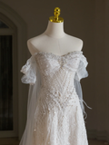 Niulatu Wedding Dress A Line Off The Shoulder Sequin Short Sleeves 70s Wedding Dresses Bridal Gowns HZ1214