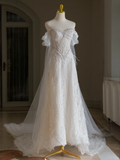 Niulatu Wedding Dress A Line Off The Shoulder Sequin Short Sleeves 70s Wedding Dresses Bridal Gowns HZ1214
