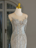 Niulatu Mermaid Scoop Neck Light Blue Sequin Long Prom Dresses Party Dress 20th Birthday Outfits Graduation Dresses HZ1214
