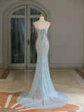 Niulatu Mermaid Scoop Neck Light Blue Sequin Long Prom Dresses Party Dress 20th Birthday Outfits Graduation Dresses HZ1214