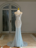 Niulatu Mermaid Scoop Neck Light Blue Sequin Long Prom Dresses Party Dress 20th Birthday Outfits Graduation Dresses HZ1214