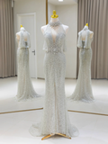 Niulatu Mermaid High Neck Silver Gray Sequin Long Prom Dresses Party Dress 20th Birthday Outfits Graduation Dresses HZ1214