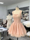 Niulatu Ball Gown Square Neck Lace Pink Short Mini Formal 8th Grade Homecoming Dresses Middle School Short Cocktail Dress Hoco Outfits HZ1214