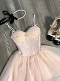 Niulatu A Line Spaghetti Straps Pink Tulle Formal 8th Grade Homecoming Dresses Middle School Short Cocktail Gowns Graduation Dress Hoco Outfits HZ1214