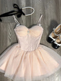 Niulatu A Line Spaghetti Straps Pink Tulle Formal 8th Grade Homecoming Dresses Middle School Short Cocktail Gowns Graduation Dress Hoco Outfits HZ1214
