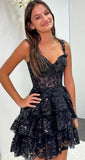 Pretty A line Spaghetti Straps Black Lace Mini Short Formal 8th Grade Homecoming Dresses Summer Middle School Hoco Dress Homecoming Outfits HZ1214