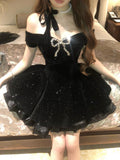 Niulatu Ball Gown Off The Shoulder Black Velvet Short Formal 8th Grade Homecoming Dresses Summer Middle School Hoco Dress 6th Grade Graduation Outfits HZ1214