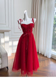 Niulatu A Line Spaghetti Straps Red Tulle Formal 8th Grade Homecoming Dresses Middle School Tea Length Birthday Gowns Graduation Dress Hoco Outfits HZ1214