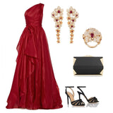 Glamorous A line One Shoulder Sleeveless Red Organza Long Evening Party Gowns Evening Special Formal Dresses Prom Dress HZ1121