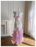 Niulatu Mermaid Spaghetti Straps Pink Chiffon Long Prom Dresses Party Dress 20th Birthday Outfits Graduation Dresses HZ1214