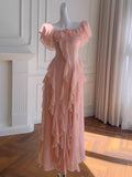Niulatu A Line Off The Shoulder Blush Pink Chiffon Long Prom Dresses Party Dress 20th Birthday Outfits Graduation Dresses HZ1214