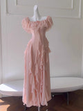 Niulatu A Line Off The Shoulder Blush Pink Chiffon Long Prom Dresses Party Dress 20th Birthday Outfits Graduation Dresses HZ1214