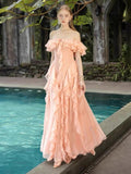 Niulatu A Line Off The Shoulder Blush Pink Chiffon Long Prom Dresses Party Dress 20th Birthday Outfits Graduation Dresses HZ1214