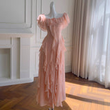 Niulatu A Line Off The Shoulder Blush Pink Chiffon Long Prom Dresses Party Dress 20th Birthday Outfits Graduation Dresses HZ1214