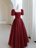 Glamorous A line Square Neck Short Sleeves Wine Red Chiffon Long Evening Party Gowns Evening Special Formal Dresses Prom Dress HZ1121
