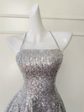 Niulatu Ball Gown Halter Sequin Silver Backless Short Mini Formal 8th Grade Homecoming Dresses Middle School Short Birthday Gowns Graduation Dress Hoco Outfits HZ1214