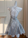 Niulatu Ball Gown Halter Sequin Silver Backless Short Mini Formal 8th Grade Homecoming Dresses Middle School Short Birthday Gowns Graduation Dress Hoco Outfits HZ1214