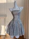 Niulatu Ball Gown Halter Sequin Silver Backless Short Mini Formal 8th Grade Homecoming Dresses Middle School Short Birthday Gowns Graduation Dress Hoco Outfits HZ1214