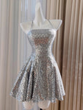 Niulatu Ball Gown Halter Sequin Silver Backless Short Mini Formal 8th Grade Homecoming Dresses Middle School Short Birthday Gowns Graduation Dress Hoco Outfits HZ1214