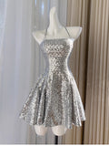 Niulatu Ball Gown Halter Sequin Silver Backless Short Mini Formal 8th Grade Homecoming Dresses Middle School Short Birthday Gowns Graduation Dress Hoco Outfits HZ1214