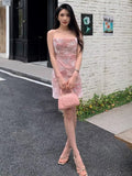 Niulatu Sheath Spaghetti Straps Pink Sequin Short Mini Formal 8th Grade Homecoming Dresses Middle School Short Birthday Gowns Graduation Dress Hoco Outfits HZ1214