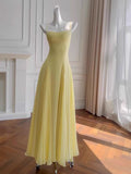 Niulatu A line Spaghetti Straps Yellow Chiffon Long Prom Dresses Party Dress 20th Birthday Outfits Graduation Dresses HZ1214
