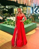 Fancy A line Sweetheart Red Long Split Pleated Evening Dress Party Gowns Evening Special Formal Dresses Prom Dress HZ1121