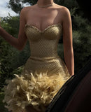 Niulatu Sheath Sweetheart Gold Sequin Beads Feathers Short Formal Homecoming Dress Middle School Short 21st Birthday Outfits Graduation Dress Mini Cocktail Dresses HZ1214