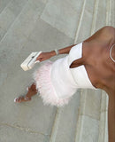 Niulatu Sheath Strapless Light Pink Tight Mini Feathers Formal Homecoming Dress Short Cocktail Outfits Graduation Dress Hoco Dress HZ1214