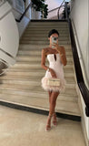 Niulatu Sheath Strapless Light Pink Tight Mini Feathers Formal Homecoming Dress Short Cocktail Outfits Graduation Dress Hoco Dress HZ1214