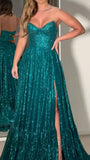 Fancy A line Sweetheart Long Sequin Pleated Slit Evening Dress Party Gowns Evening Special Formal Dresses Prom Dress HZ1121