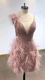Niulatu Sheath Straps Pink Tight Mini Feathers Formal Homecoming Dress Short Cocktail Outfits Graduation Dress Hoco Dress HZ1214
