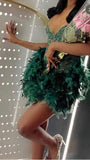 Niulatu Sheath V Neck Dark Green Tight Mini Feathers Formal Homecoming Dress Short Cocktail Outfits Graduation Dress Hoco Dress HZ1214