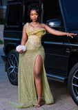 Niulatu Mermaid One Shoulder Sage Green Sequin Slit Long Prom Dresses Party Dress 20th Birthday Outfits Graduation Dresses HZ1214