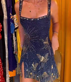 Niulatu Sheath Square Neck Navy Blue Sequin Tight Mini Feathers Formal Homecoming Dress Short Cocktail Outfits Graduation Dress Mini Hoco Dress HZ1214