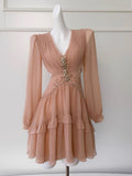 Niulatu A line V Neck Chiffon Mini Short Formal Cocktail Dress Homecoming Dresses Summer Middle School Hoco Dress Homecoming Outfits Birthday Outfit HZ1214