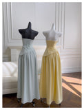 Niulatu A Line Strapless Yellow Chiffon Long Prom Dresses Party Dress 20th Birthday Outfits Graduation Dresses HZ1214