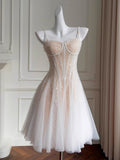 Niulatu A line Spaghetti Straps Champagne Tulle Formal Mini Homecoming Dress Short 17th Birthday Outfits Graduation Dress Hoco Dresses HZ1214