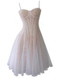 Niulatu A line Spaghetti Straps Champagne Tulle Formal Mini Homecoming Dress Short 17th Birthday Outfits Graduation Dress Hoco Dresses HZ1214