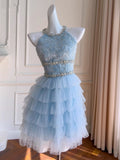 Niulatu A Line Jewel Neck Light Sky Blue Tulle Formal 8th Grade Homecoming Dress High School Short 18th Birthday Outfits Graduation Dress Hoco Dresses HZ1214