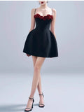 Niulatu A Line Spaghetti Straps Black Satin Mini Formal Homecoming Dress Short Cocktail Outfits Graduation Dress Hoco Dress HZ1214